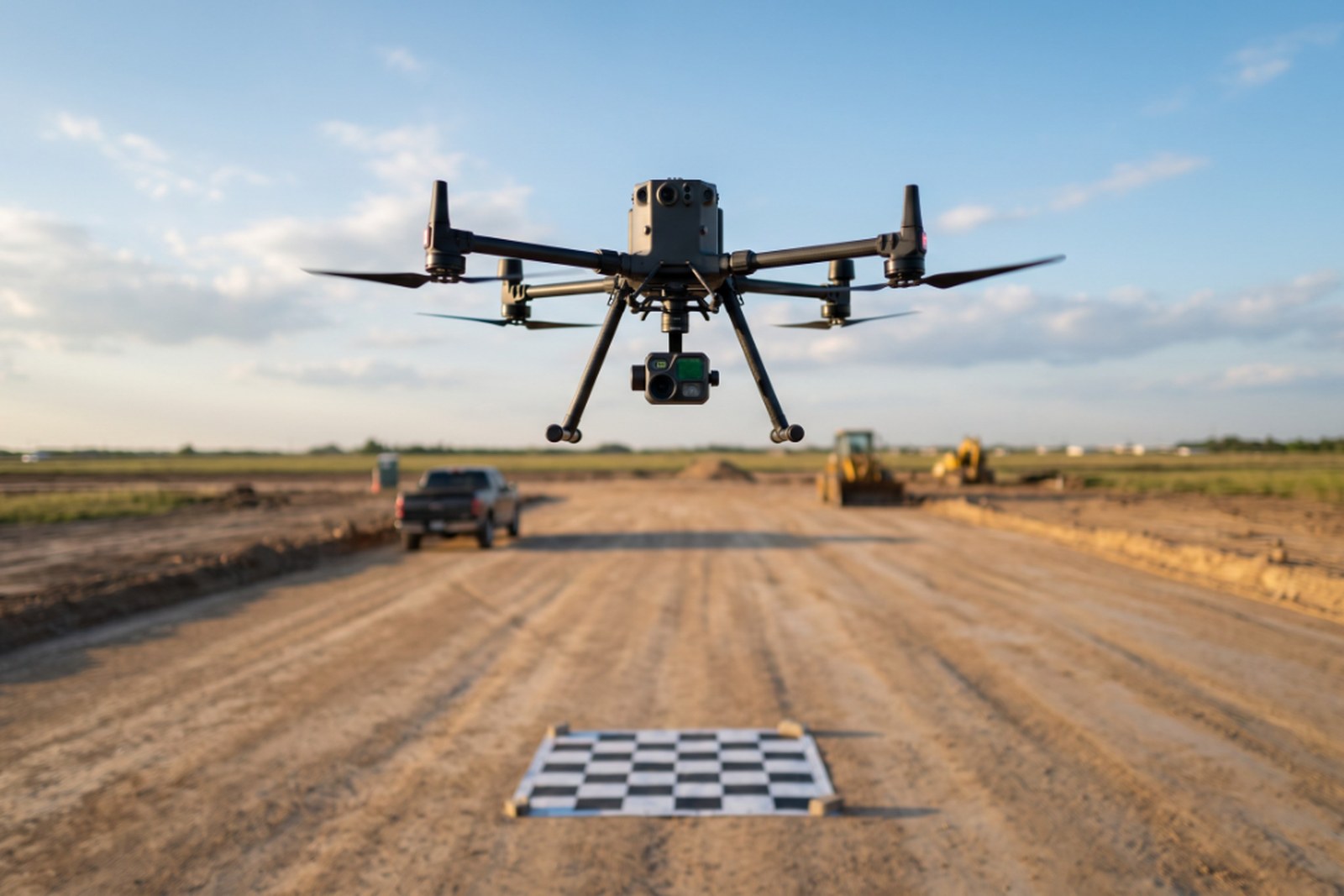 Survey drone collecting aerial mapping data over a graded site with a ground control target