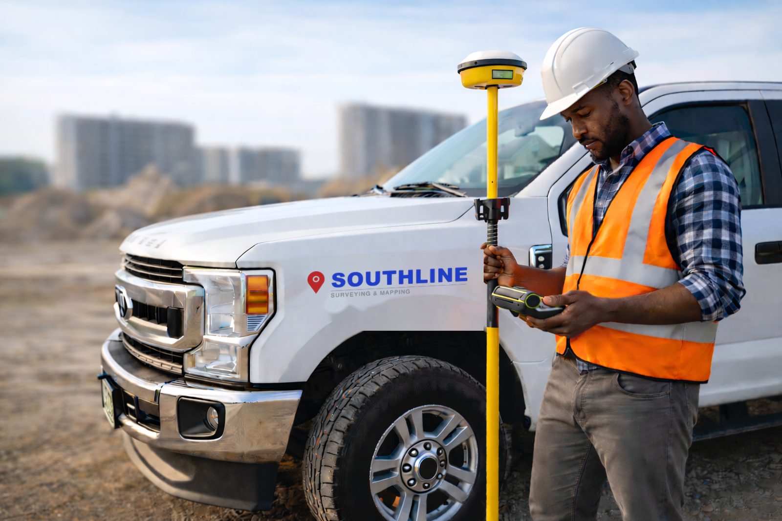 Southline survey crew setting up a GNSS receiver on a job site