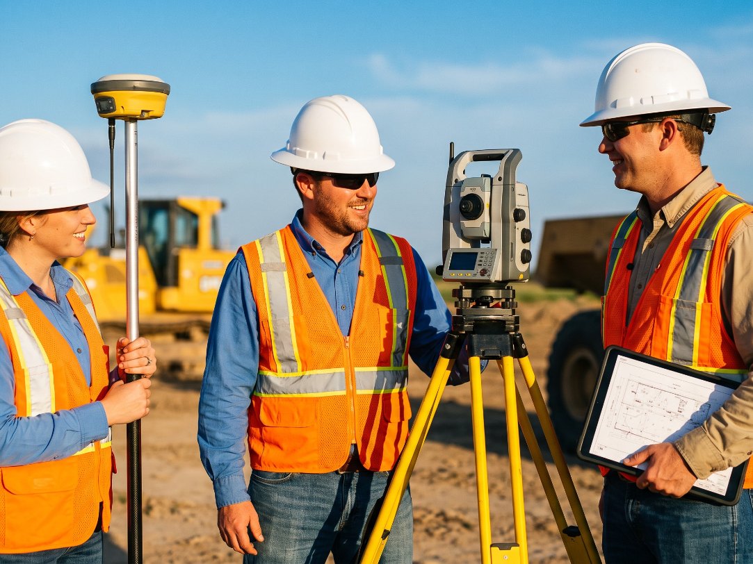 Southline survey crew with a GNSS rover and robotic total station on a job site